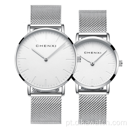 076 CHENXI Casal Relógios Simples e Literal Moda Relógio Mostrador Luxo Full Mesh Malha Pulseira de Quartzo